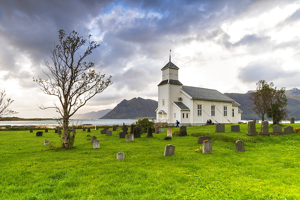 Church and cemetery of Gimsoya, Lofoten Islands, Norway, Europe