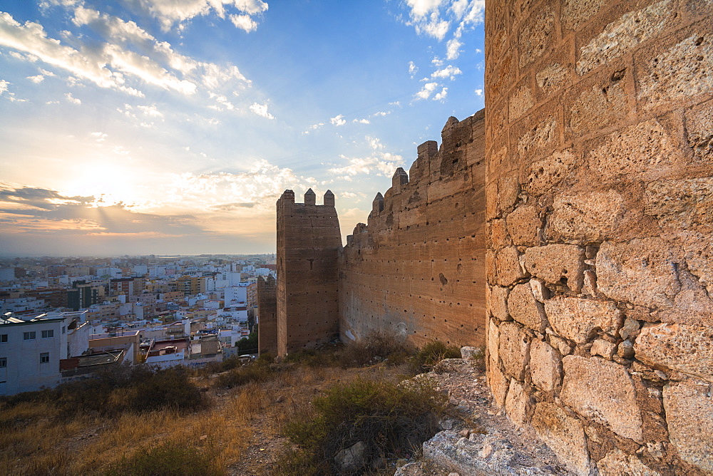 Walls of Alcazaba of Malaga at sunset in Almeria, Spain, Europe