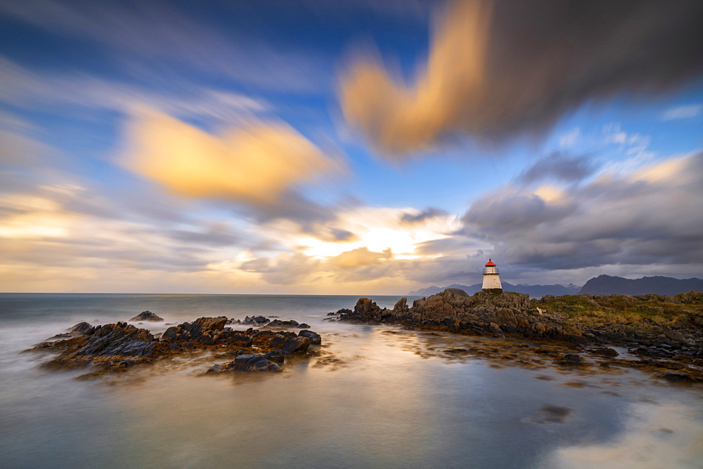 Lighthouse at sunset in Hovsund, Lofoten Islands, Norway, Europe