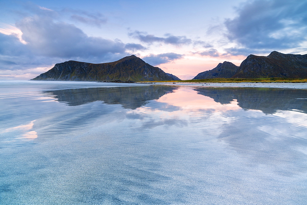 Skagsanden beach at sunset in Lofoten Islands, Norway, Europe