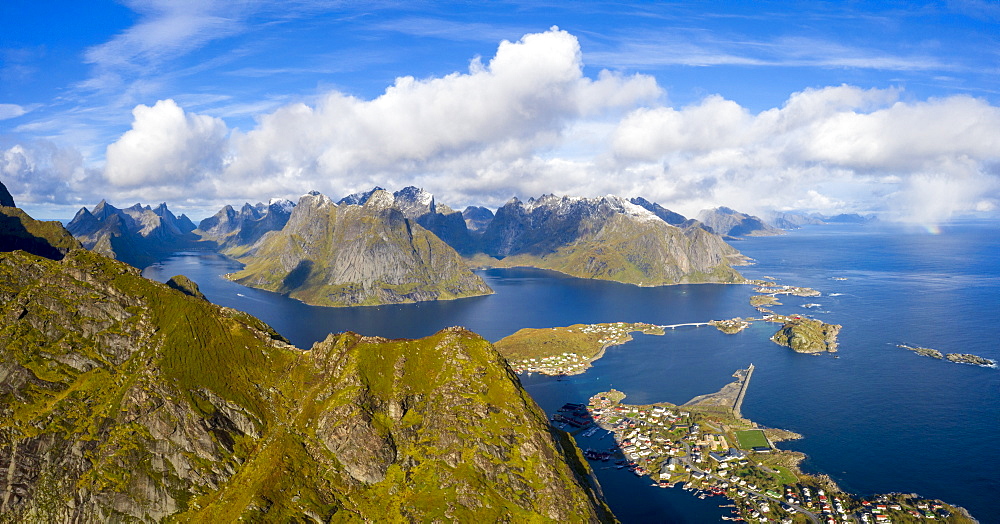 Aerial view of mountains around Reine, Moskenes, Norway, Europe