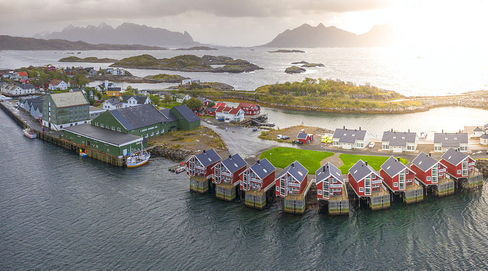 Aerial view of Svolvaer at sunset in Norway, Europe