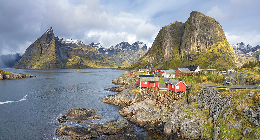 Town of Hamnoy by mountains in Moskenes, Norway, Europe