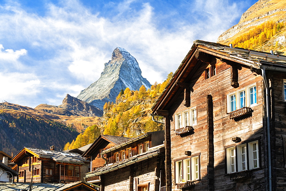 Wooden houses below Matterhorn in Zermatt, Switzerland, Europe