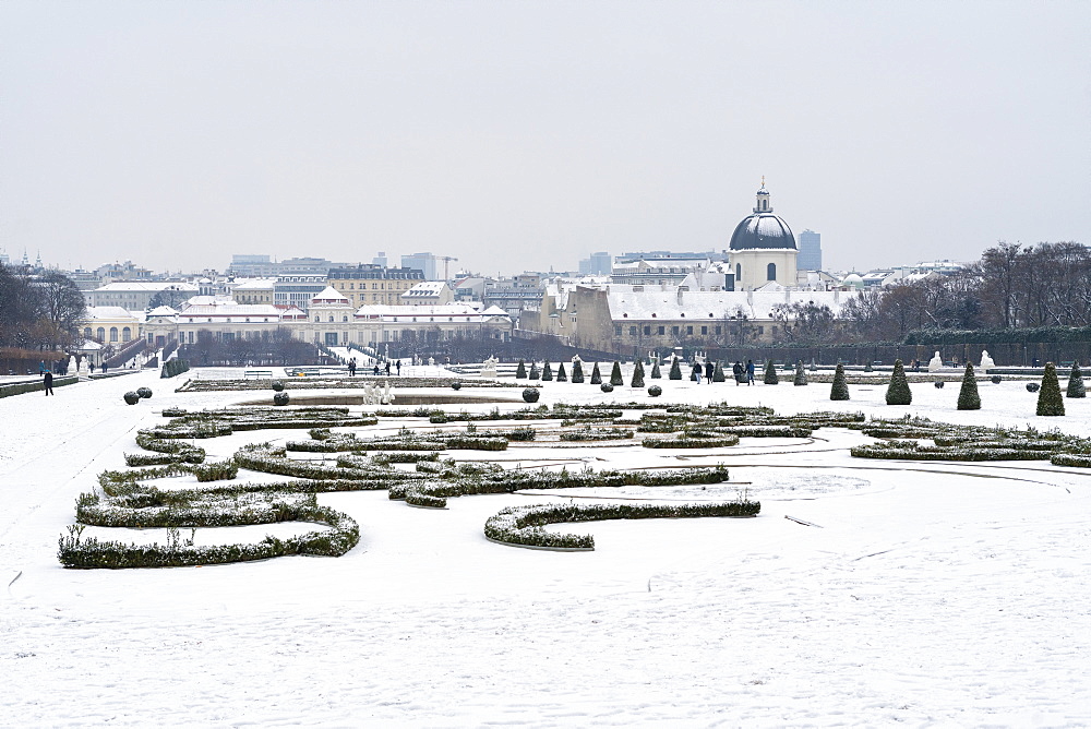 Belvedere Garden covered with snow, Vienna, Austria, Europe