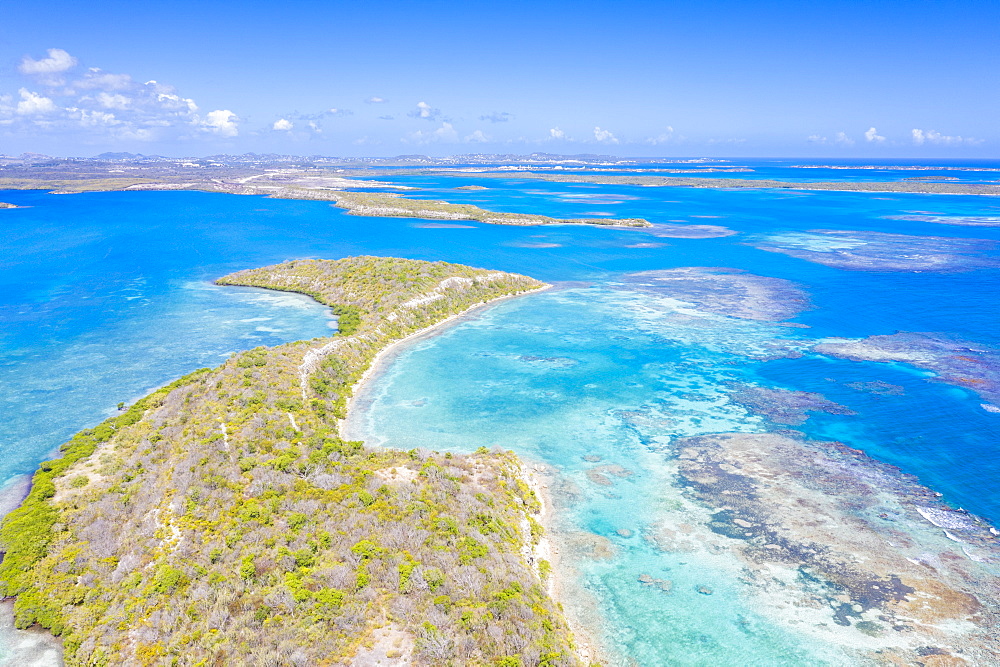 Aerial view by drone of coral reef in the turquoise water of Caribbean Sea, Antilles, West Indies, Caribbean, Central America