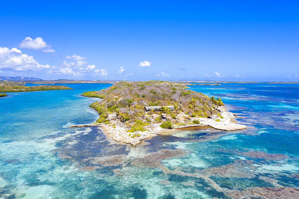 Aerial view by drone of coral reef in the turquoise water of Caribbean Sea, Antilles, West Indies, Caribbean, Central America