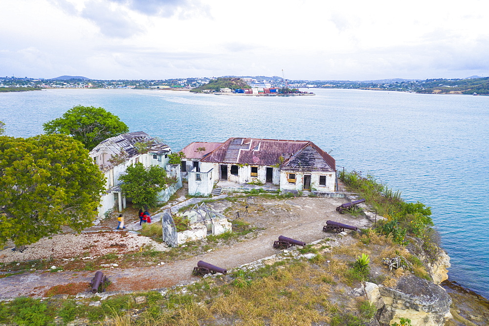 Aerial view of ruins of buildings at Fort James, St. John's, Antigua and Barbuda, Leeward Islands, West Indies, Caribbean, Central America