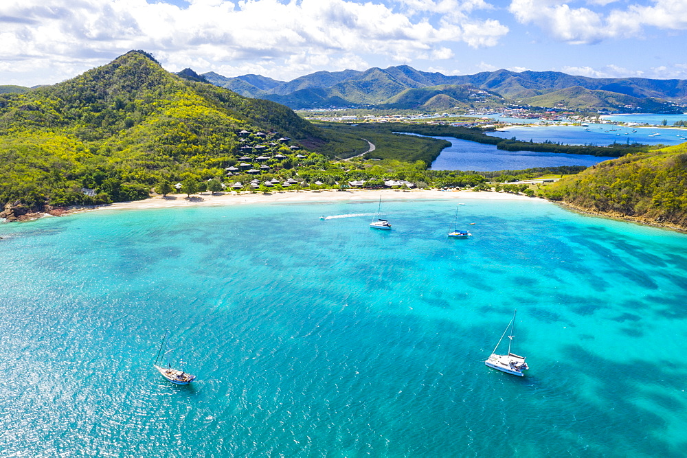 Aerial view by drone of Hermitage Bay and Caribbean Sea, Antigua, Antigua and Barbuda, Leeward Islands, West Indies, Caribbean, Central America