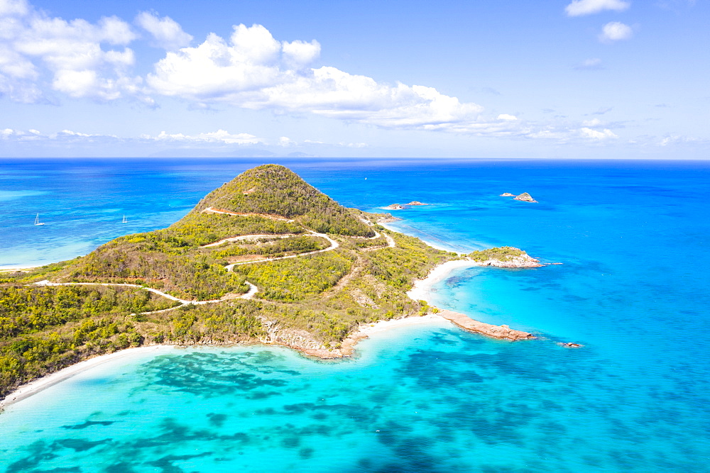 Aerial view by drone of Hermitage Bay and Pearns Point, Antigua, Antigua and Barbuda, Leeward Islands, West Indies, Caribbean, Central America