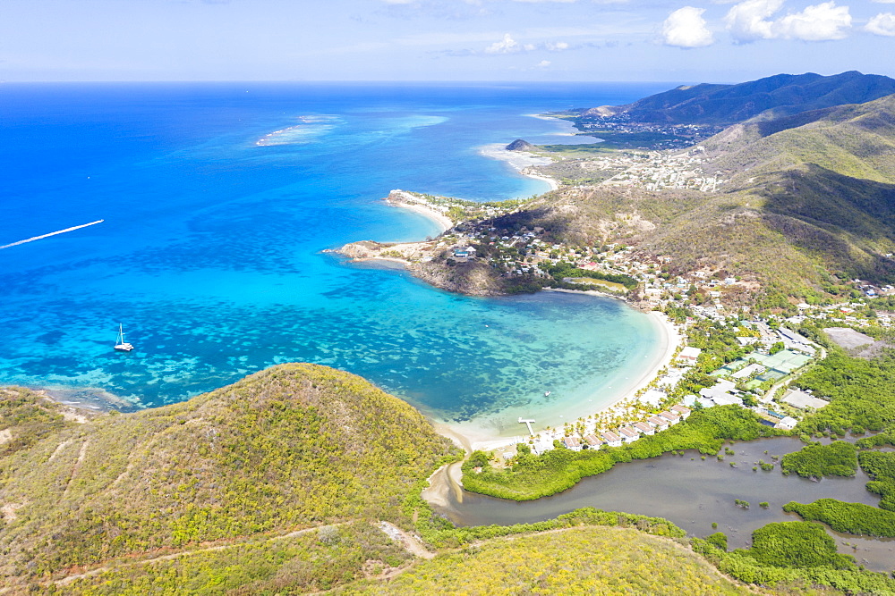 Aerial panoramic by drone of Carlisle Bay Beach and Caribbean Sea, Antigua, Antigua and Barbuda, Leeward Islands, West Indies, Caribbean, Central America