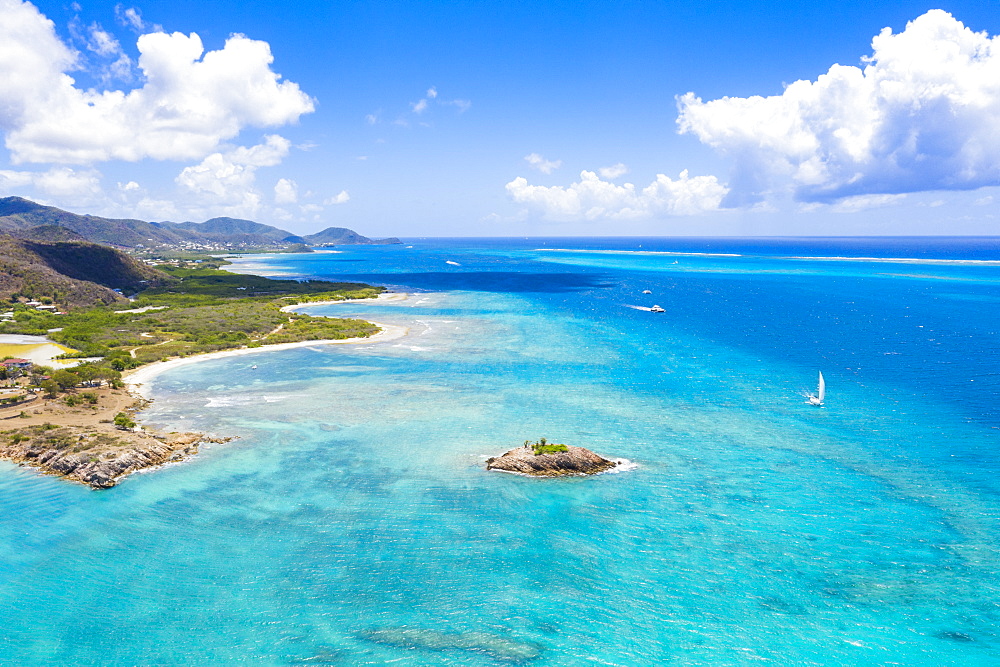 Aerial view by drone of the crystal Caribbean Sea, Urlings, Antigua, Antigua and Barbuda, Leeward Islands, West Indies, Caribbean, Central America