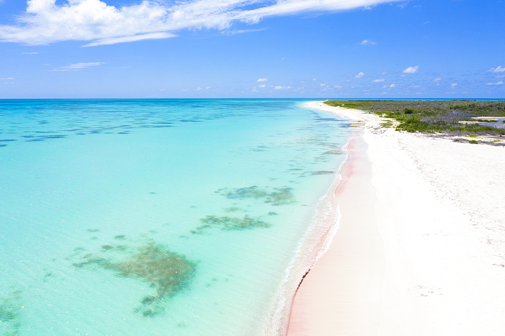 Aerial view by drone of the pink sand beach washed by the crystal water of Caribbean Sea, Antilles, West Indies, Caribbean, Central America