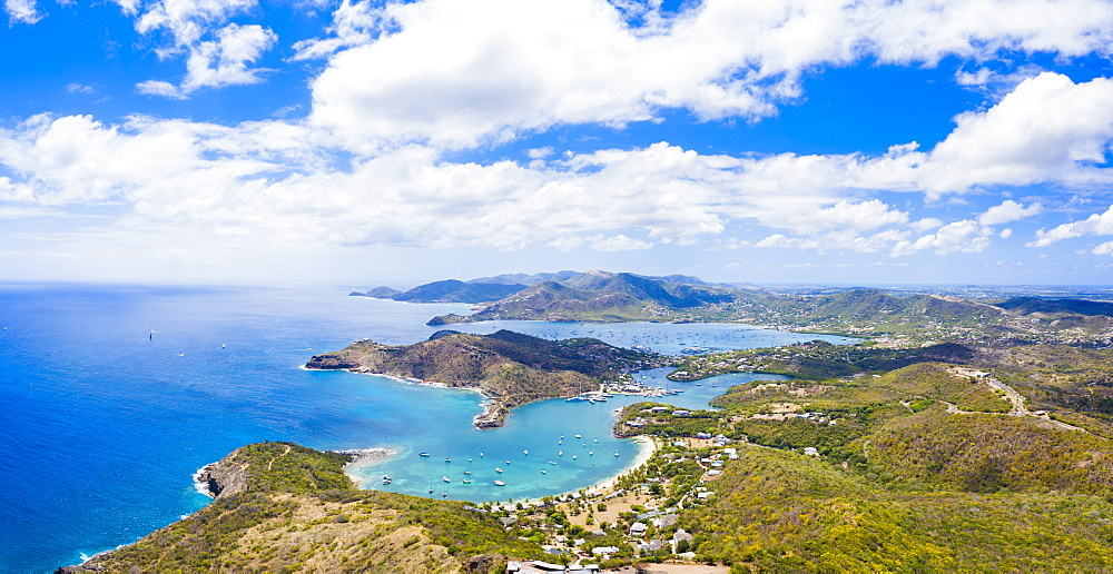 Aerial panoramic by drone of Galleon beach and English Harbour, Antigua, Antigua and Barbuda, Leeward Islands, West Indies, Caribbean, Central America