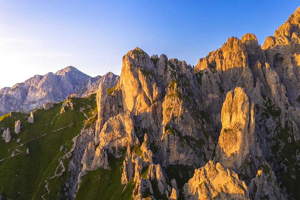 Torre Cinquantenario and Torre Cecilia surrounding Rifugio Rosalba, Grignetta, Lake Como, Lecco, Lombardy, Italy, Europe