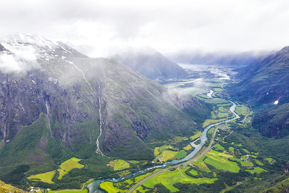 Aerial view of Rauma river and green valley from Romsdalseggen ridge, Andalsnes, More og Romsdal county, Norway, Scandinavia, Europe