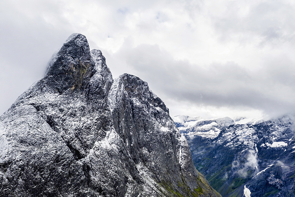 Aerial view of the rocky peak of Romsdalshornet, Venjesdalen valley, Andalsnes, More og Romsdal county, Norway, Scandinavia, Europe