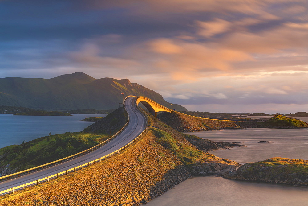 Sunset over Storseisundet Bridge, Atlantic Road, More og Romsdal county, Norway, Scandinavia, Europe