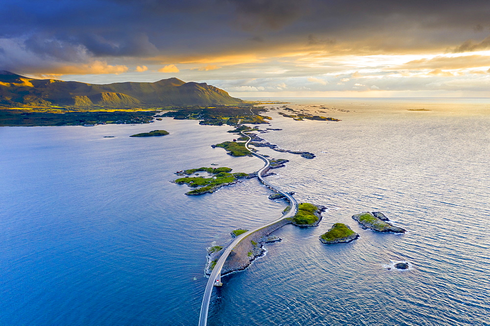 Aerial view of the Atlantic Road during sunset, More og Romsdal county, Norway, Scandinavia, Europe