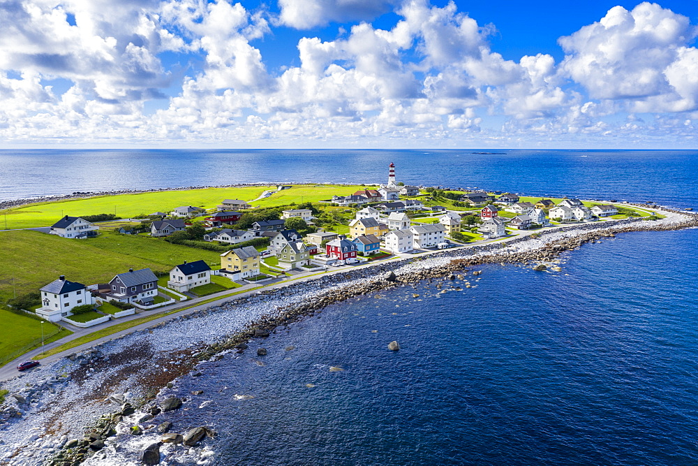 Aerial view by drone of the coastal village of Alnes, Godoya Island, Alesund, More og Romsdal County, Norway, Scandinavia, Europe