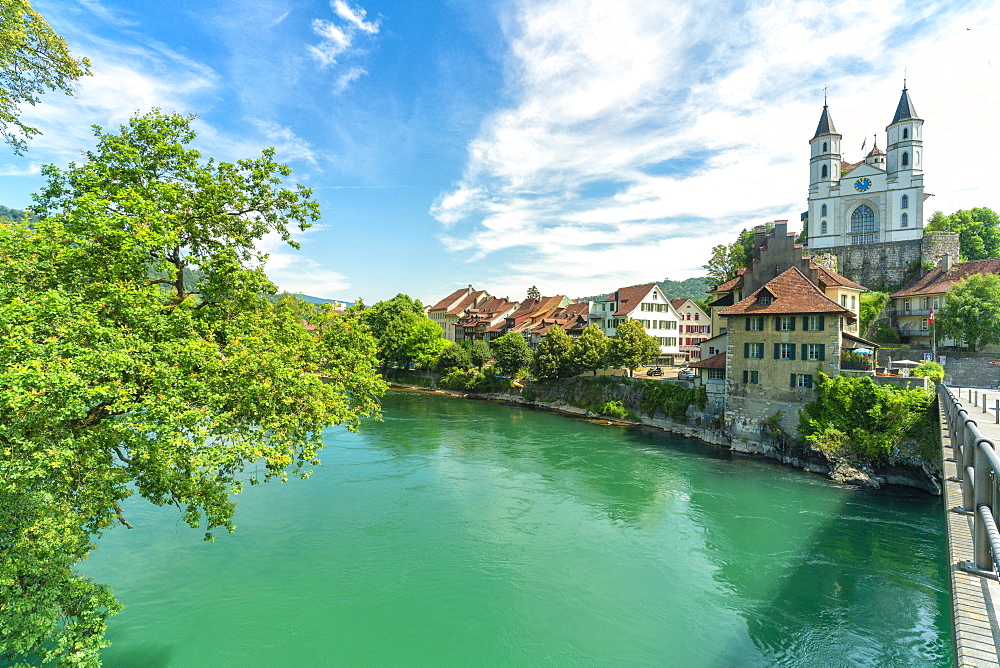 Neo-Gothic church on hilltop along Aare River, Aarburg, Canton of Aargau, Switzerland, Europe