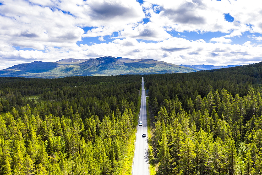 Aerial view of cars along the road crossing the forest, Jotunheimen National Park, Norway, Scandinavia, Europe