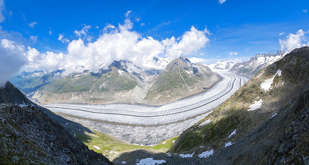 Panoramic of the ice tongue of Aletsch Glacier from Eggishorn viewpoint, Bernese Alps, Canton Valais, Switzerland, Europe