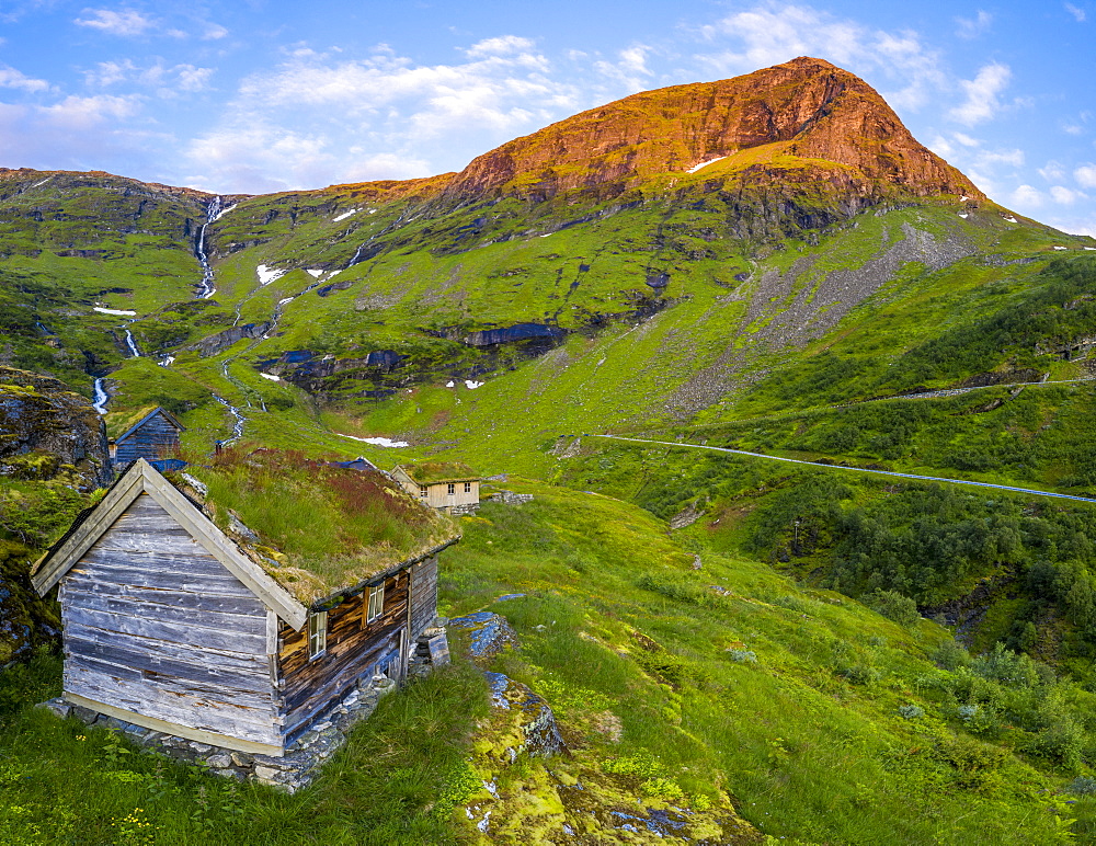 Aerial panorama of Dalsnibba mountain and traditional huts with grass roof, Stranda municipality, More og Romsdal county, Norway, Scandinavia, Europe