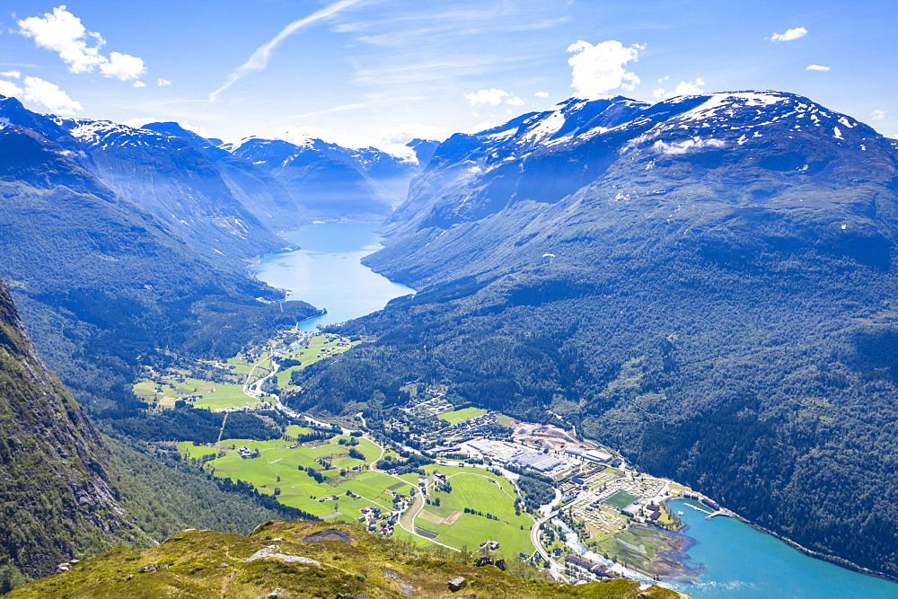 Aerial view of Lovatnet lake, Loen village and Nordfjord, Stryn, Sogn og Fjordane county, Norway, Scandinavia, Europe