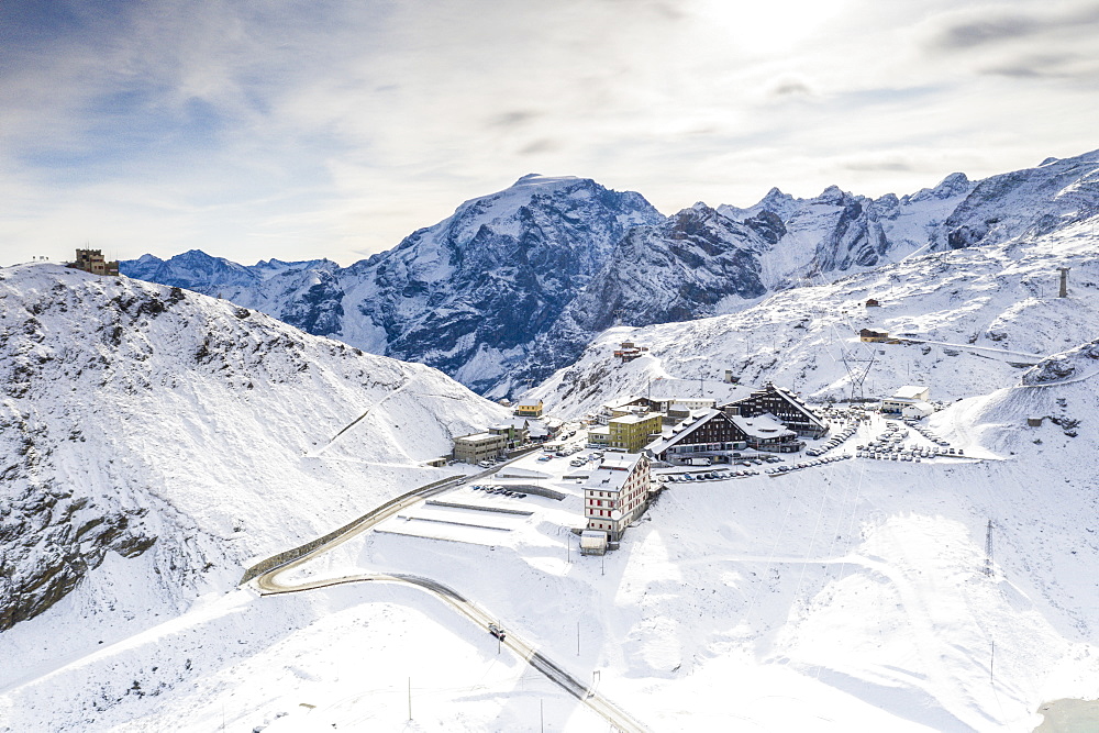 Aerial view of Rifugio Garibaldi, Ortles mount and Stelvio Pass covered with snow, Sondrio province, Valtellina, Lombardy, Italy, Europe