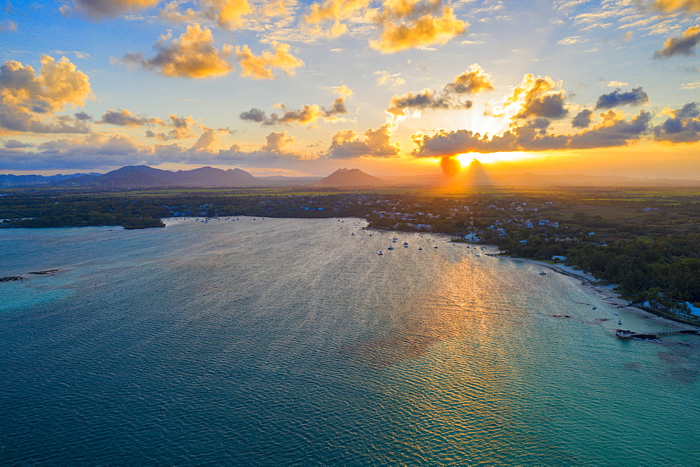 Sunset over Trou d'Eau Douce bay, aerial view, Flacq district, East coast, Mauritius, Indian Ocean, Africa