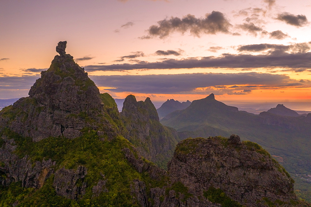 Le Pouce mountain at sunset, aerial view, Moka Range, Port Louis, Mauritius, Africa