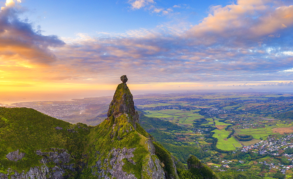 Panoramic of Le Pouce mountain and Pieter Both towards the Indian Ocean sunset, aerial view, Moka Range, Port Louis, Mauritius, Africa