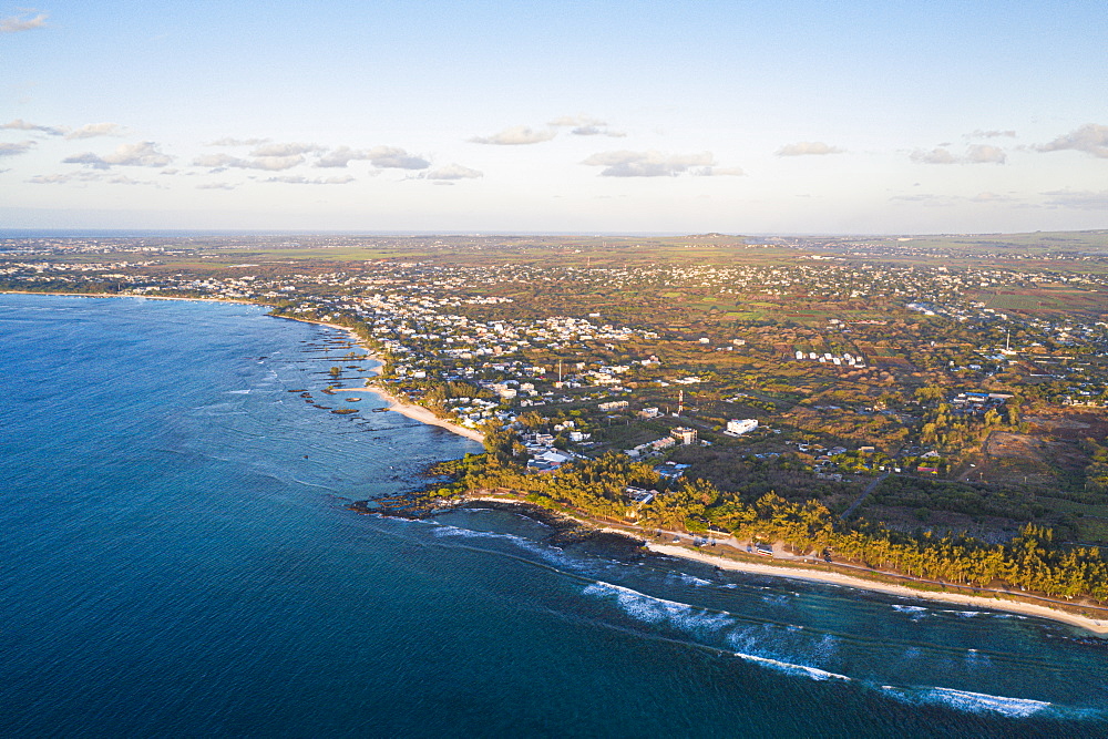 Aerial by drone of tropical beach of Pointe Aux Biches, Trou Aux Biches and Mont Choisy, north-west coast, Mauritius, Indian Ocean, Africa