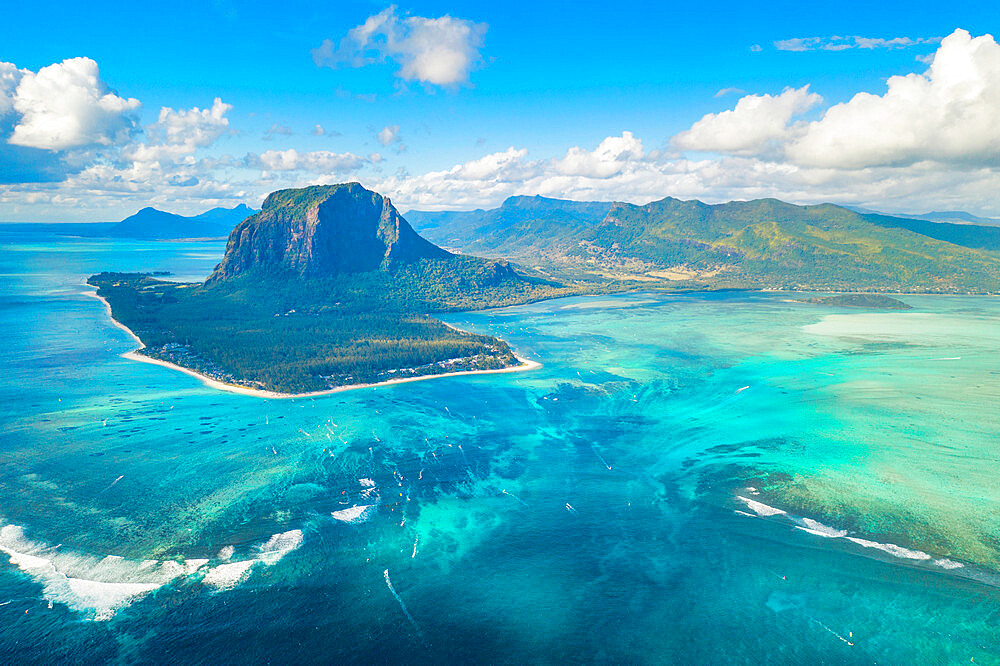 Aerial view of Le Morne Brabant and the Underwater Waterfall optical illusion and natural phenomena, Mauritius, Indian Ocean, Africa