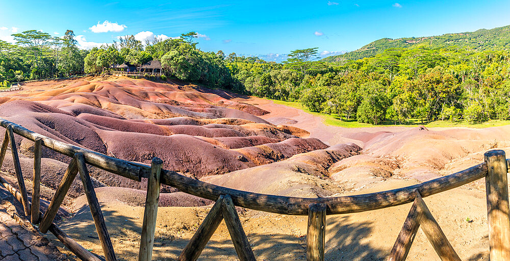 Panoramic of The Seven Colored Earth Geopark, Chamarel, Black River district, Mauritius, Indian Ocean, Africa