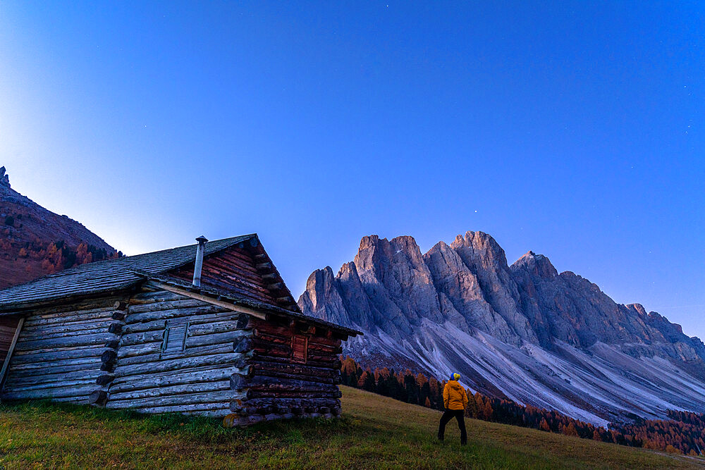 Man outside a hut admiring the Odle at sunrise, Gampen Alm, Funes Valley, Dolomites, Bolzano province, South Tyrol, Italy, Europe