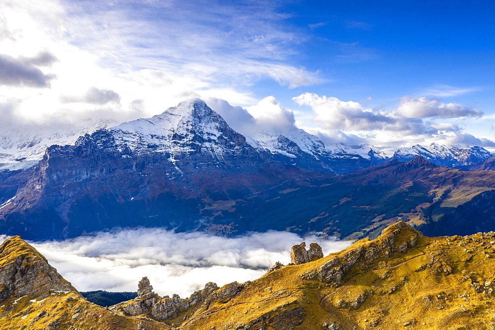 Cloudy sky over Mount Eiger seen from high mountains above Grindelwald in autumn, Bernese Alps, Canton of Bern, Switzerland, Europe