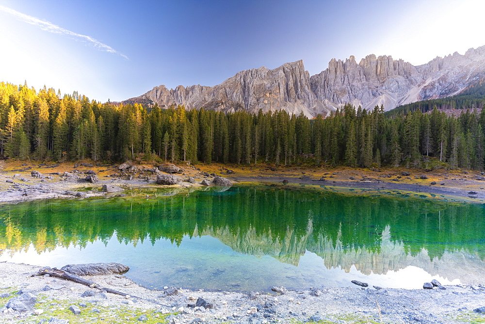 Sunset over Carezza Lake and Latemar mountain range, Dolomites, South Tyrol, Italy, Europe