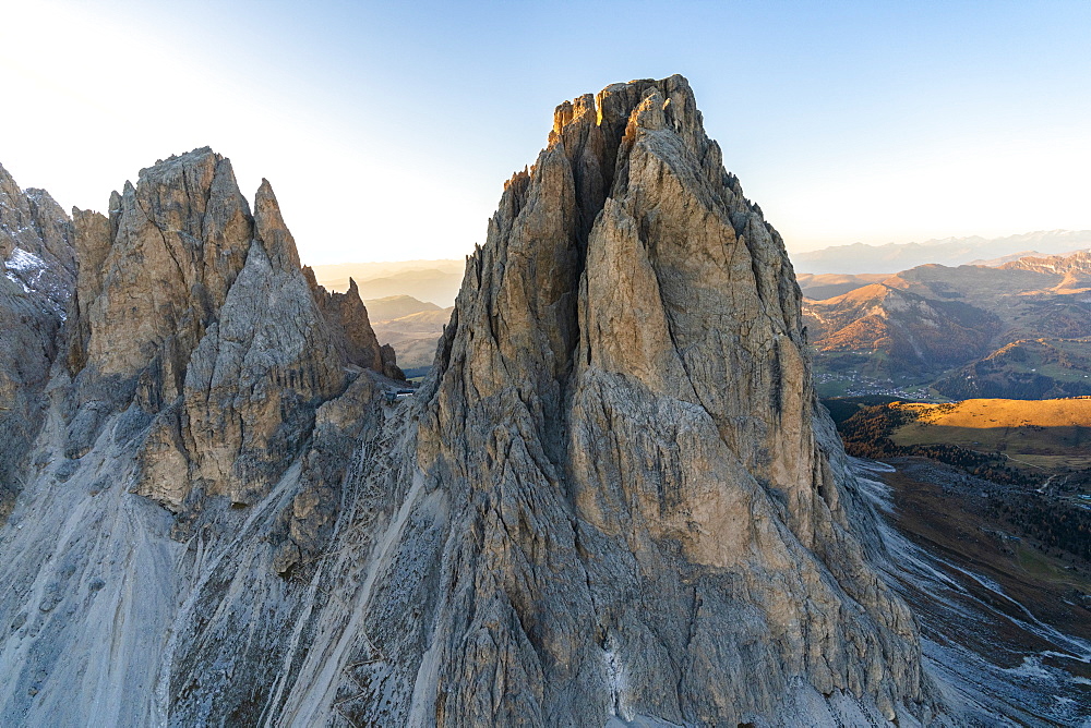 Aerial view of Rifugio Toni Demetz hut on top of Forcella del Sassolungo, Val Gardena, Dolomites, South Tyrol, Italy, Europe