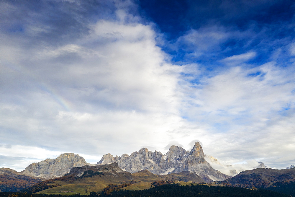 Aerial view of Cimon della Pala, Pale di San Martino (Pala group), Rolle Pass, Dolomites, Trentino, Trento, Italy, Europe