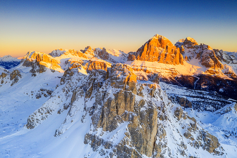 Aerial view by drone of snow capped Ra Gusela, Nuvolau, Averau and Tofane, Giau Pass, Dolomites, Belluno province, Veneto, Italy, Europe