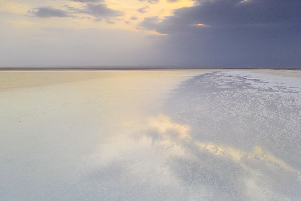 Lake Karum salt desert at sunset, Dallol, Danakil Depression, Afar Region, Ethiopia, Africa