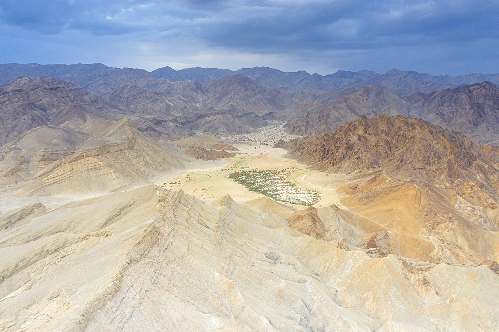 Aerial view of Oasis amidst rocks of Wadi Saba canyon, Melabday, Asso Bhole, Dallol, Danakil Depression, Afar, Ethiopia, Africa