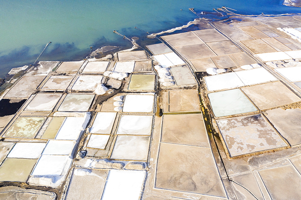 Aerial view of Lake Afrera (Lake Afdera) and salt flats, Danakil Depression, Afar Region, Ethiopia, Africa