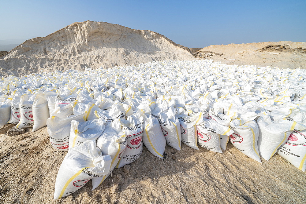 Salt bags in the salt mine of Lake Afrera (Lake Afdera), Danakil Depression, Afar Region, Ethiopia, Africa