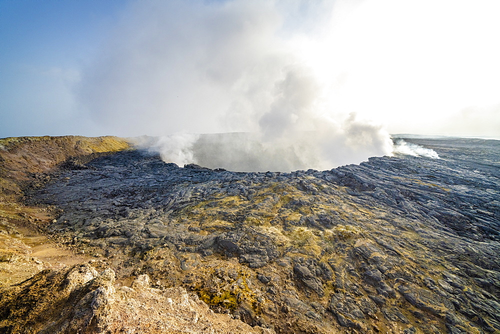 Smoke emission out of Erta Ale volcano caldera, Danakil Depression, Afar Region, Ethiopia, Africa