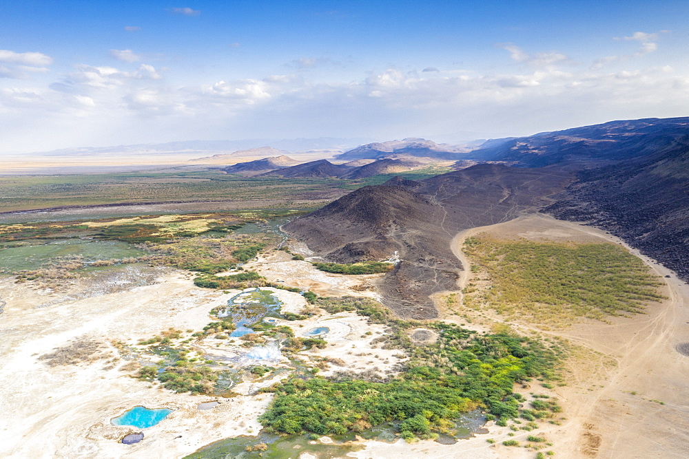 Aerial view by drone of Ala Lobet (Alol Bet) geyser and volcanic landscape, Semera, Afar Region, Ethiopia, Africa