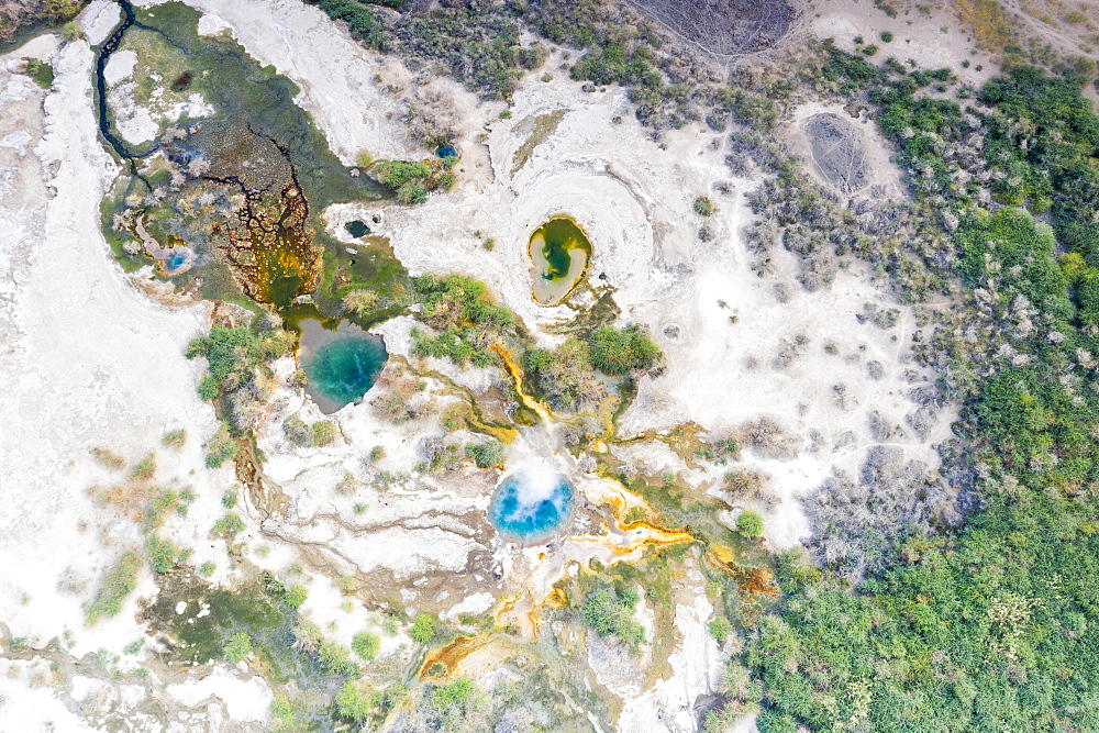 Aerial view by drone of Ala Lobet (Alol Bet) geyser erupting, Semera, Afar Region, Ethiopia, Africa