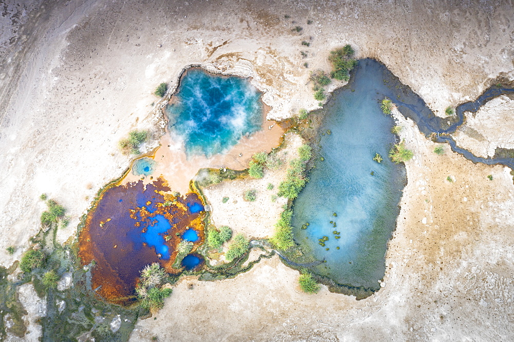 Aerial view by drone of steam of Ala Lobet (Alol Bet) geyser from above, Semera, Afar Region, Ethiopia, Africa